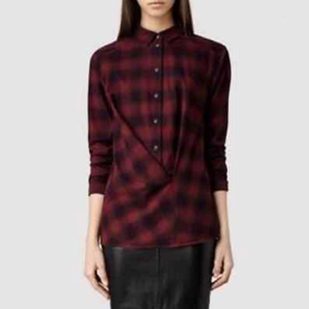 AllSaints | Kayla Crossover Plaid Flannel Button-Up Shirt Blouse 2